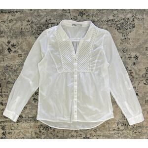 Prana Womens White Smocked Button-up Long Sleeve Shirt Size L Lightweight Cotton
